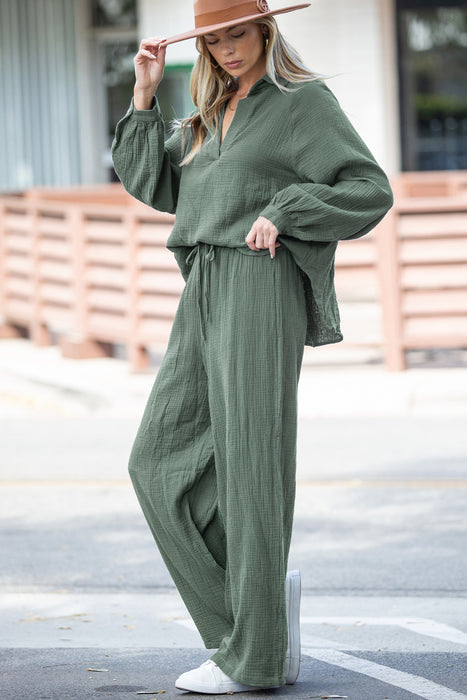 Mist Green Crinkle Split Neck Top Loose Drawstring Pants Set