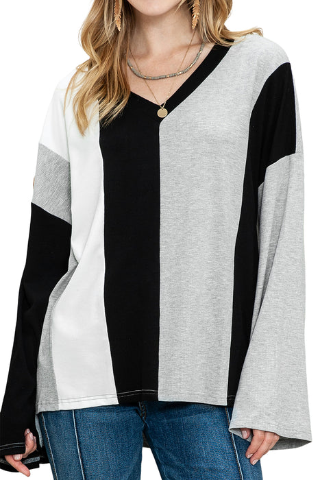 Black Color Block Ribbed Knit V Neck Pullover Long Sleeve Top