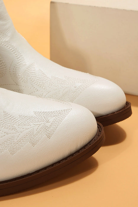 White Embroidered Leather Thick Heel Booties