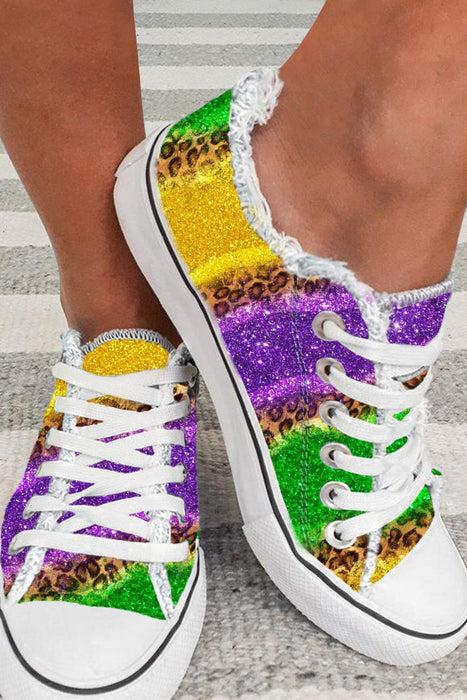 Multicolor Leopard Color Block Lace Up Canvas Shoes