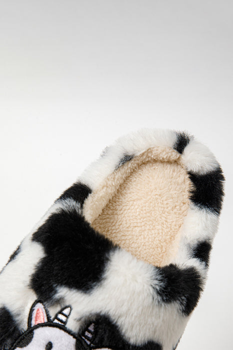 White Cartoon Animal Embroidered Fuzzy Home Slippers