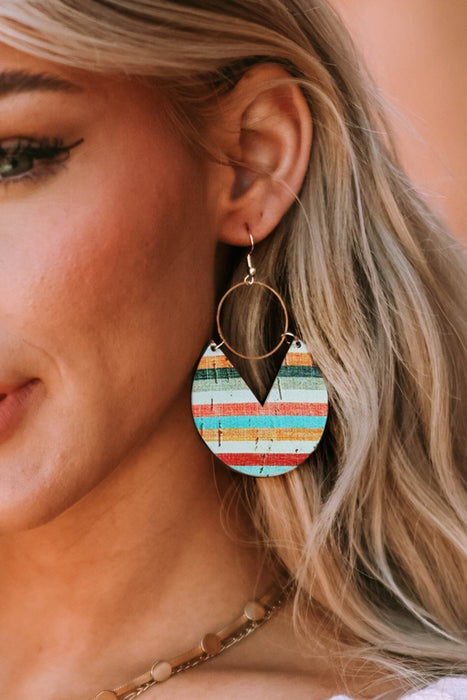 Multicolor Rainbow Stripe Pattern Wooden Pendant Hook Earrings