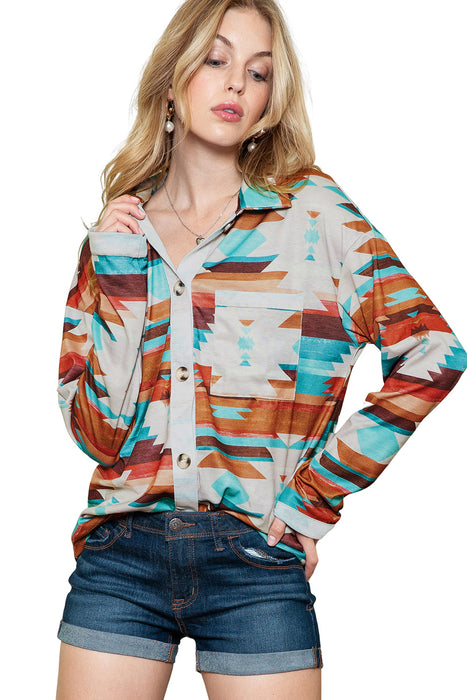 Multicolor Geometric Print Buttoned Pocket Long Sleeve Shirt