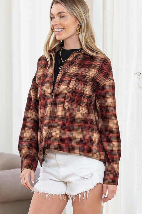 Fiery Red Plaid Print Chest Pocket Zip Up Shirt