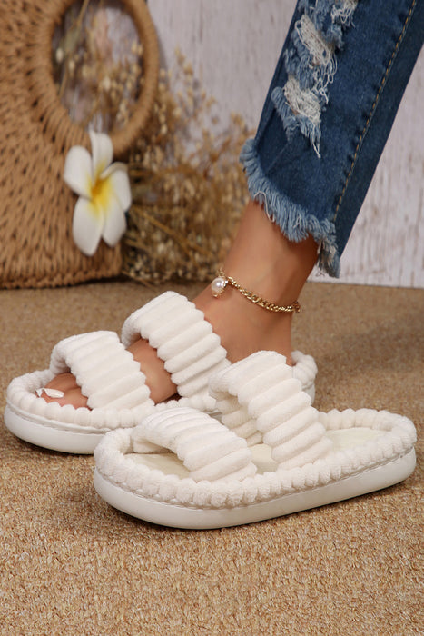 White Casual Soft Ribbed Double Straps Flat Slippers