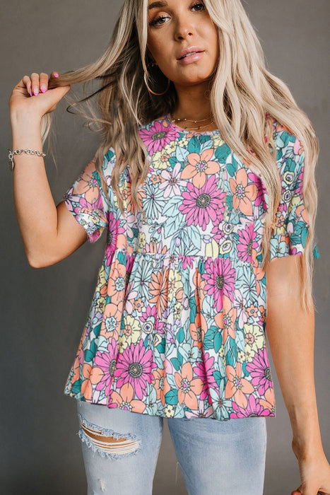 Multicolor Floral Print Ruffle Round Neck Babydoll Tee