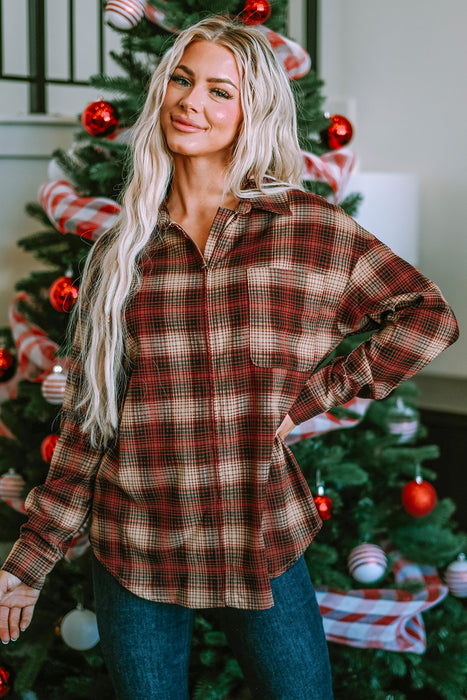 Fiery Red Plaid Print Chest Pocket Zip Up Shirt