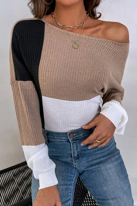 Parchment Ribbed Knit Color Block Drop Shoulder Top