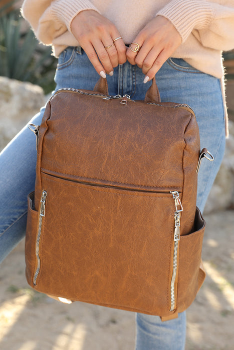 Chestnut Vintage Leather Large Zipper Backpack