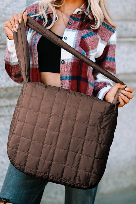 White Quilted Zipper Large Shoulder Bag