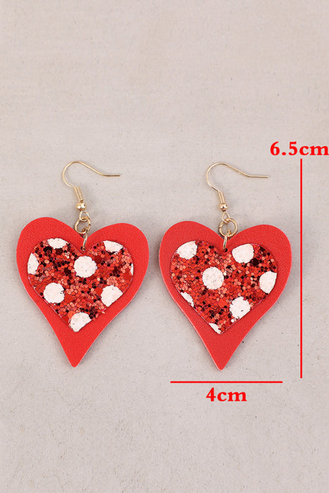 Fiery Red Leather Sequined Heart Pendant Valentines Day Earrings