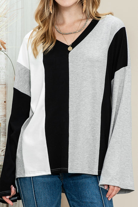 Black Color Block Ribbed Knit V Neck Pullover Long Sleeve Top