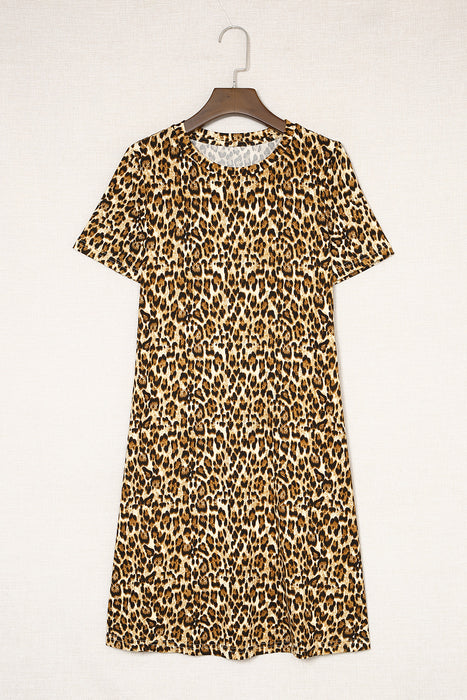 Casual Short Sleeve A-Line Crewneck Leopard Print Dress