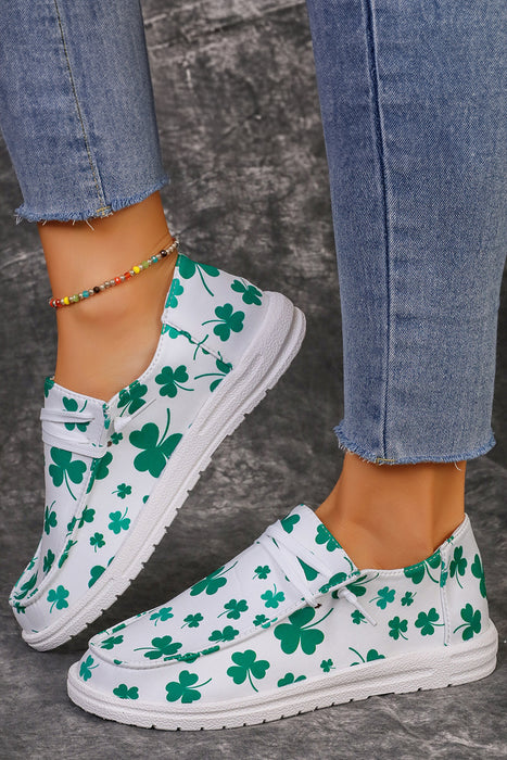 White St Patricks Day Clover Print Lace Up Canvas Sneakers