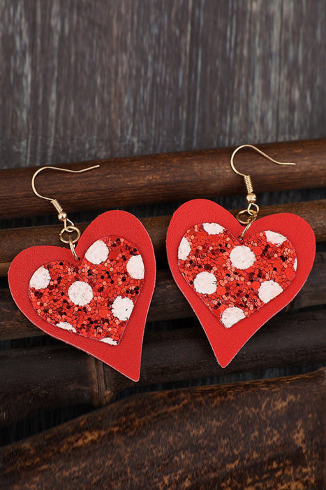 Fiery Red Leather Sequined Heart Pendant Valentines Day Earrings