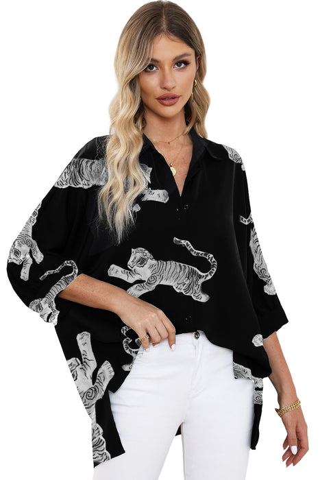 Black Animal Print Button Up Loose Fit Shirt