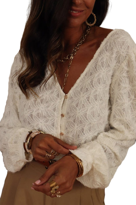 Beige Lace Flower Textured V Neck Button Front Shirt