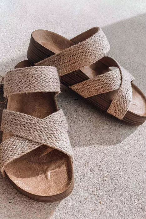 Beige Woven Criss Cross Strap Platform Slip-on Sandals