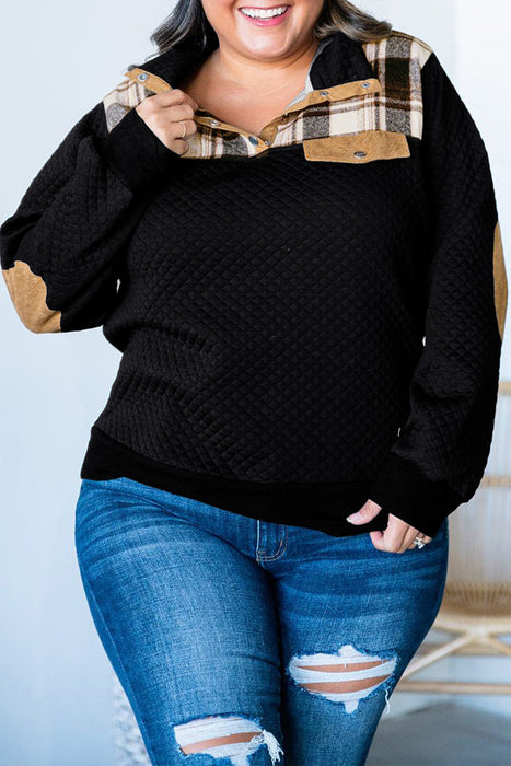 Black Plus Size Quilted Plaid Patch Henley Sweatshirt