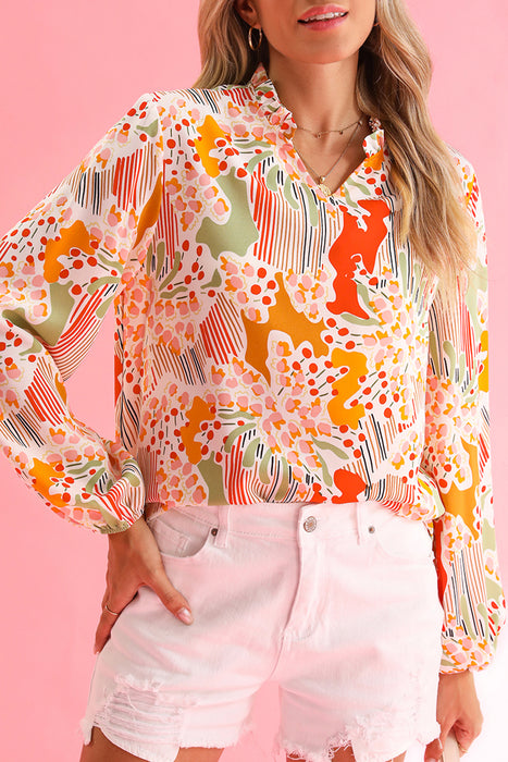 Orange Abstract Printed Split V Neck Puff Sleeve Blouse