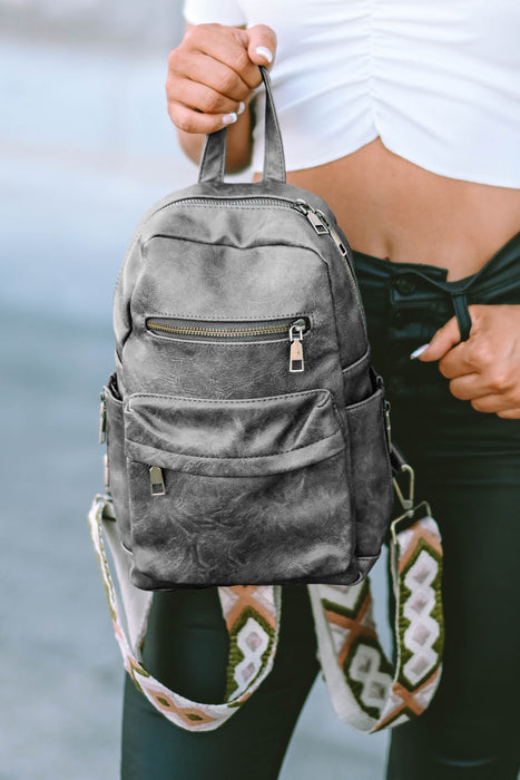 Gray Double Zipper Geometric Straps Faux Leather Backpack