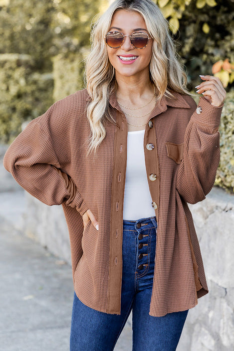 Brown Drop Shoulder Waffle Knit Shacket