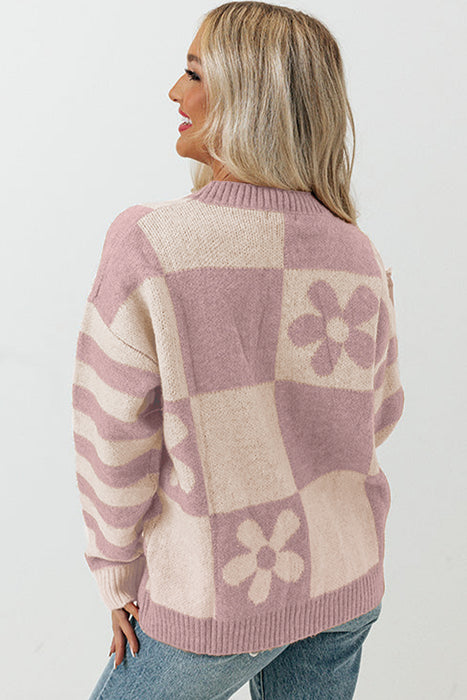 Purple Orchid Petal Checkered and Striped Knitted Sweater