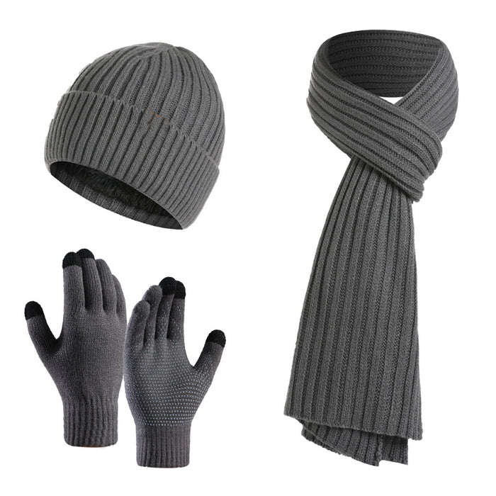 Winter Solid Color Scarf Hat Gloves Knitted Three-piece Suit