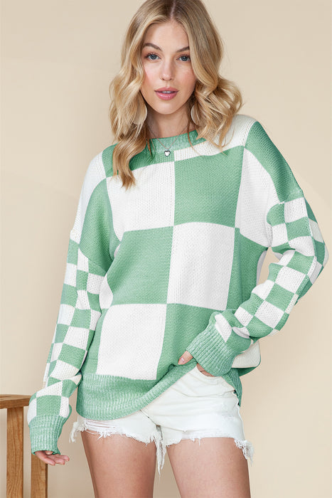 Mint Green Plaid Knitted Drop Shoulder Sweater