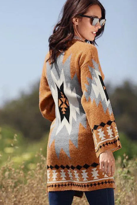 Gold Flame Geometric Graphic Open Front Cardigan