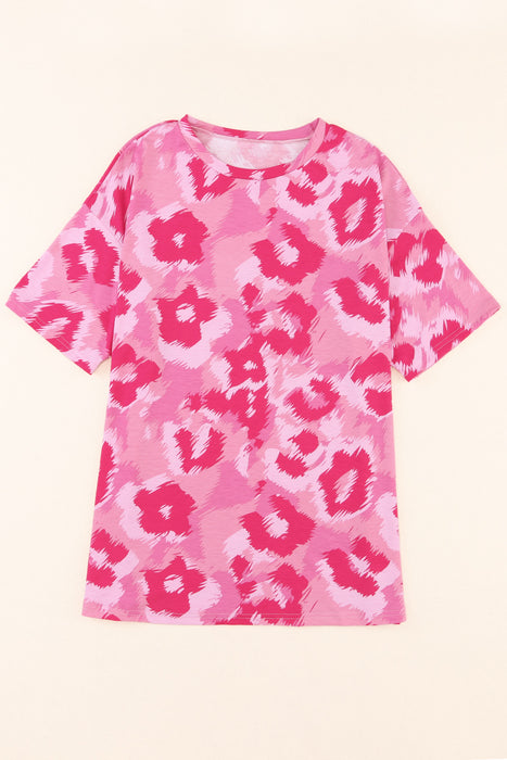 Pink Leopard Print Drop Sleeve Oversized T Shirt