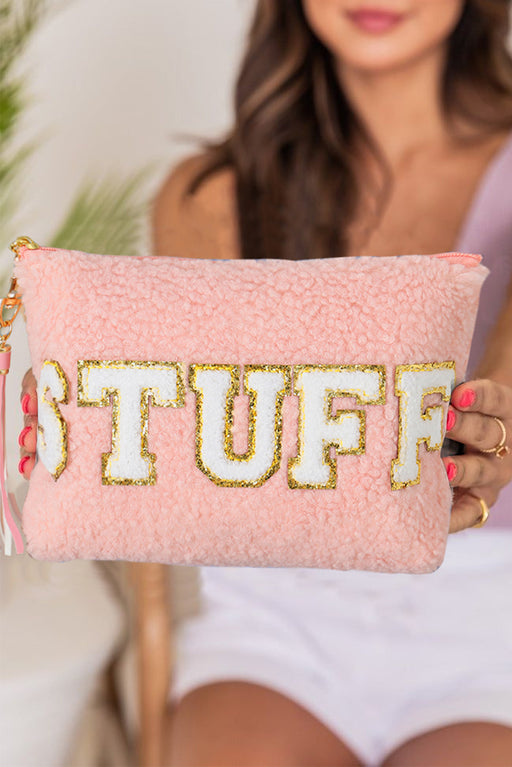 Pink Sparkle Letter Pattern Tassel Zipper Makeup Bag