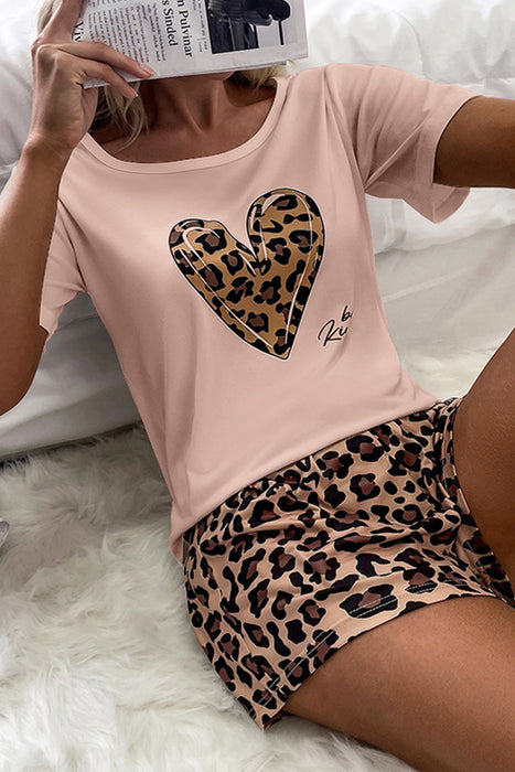 Multicolor Leopard Heart Print T Shirt & Shorts Lounge Set