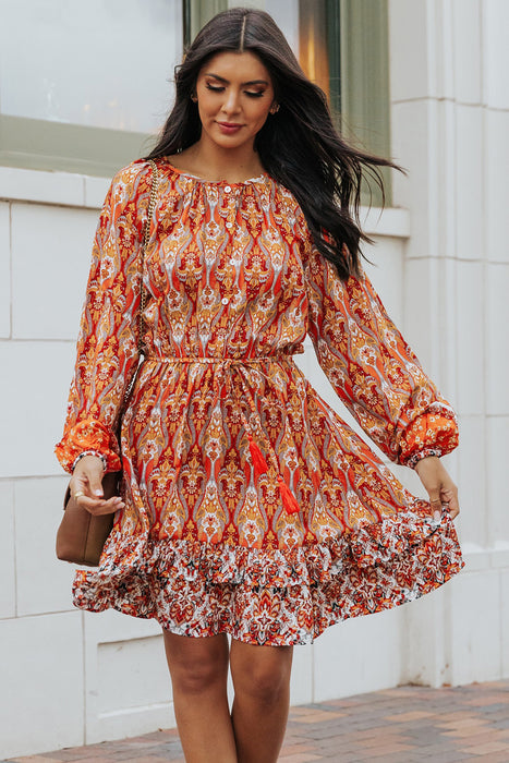 Orange Bohemian Floral Print Buttons Pleated Drawstring Short Dress