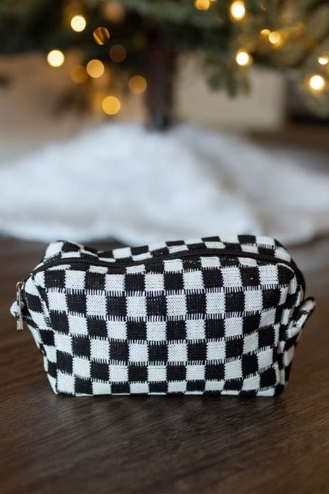 Sky Blue Checkered Knitted Zipper Makeup Bag