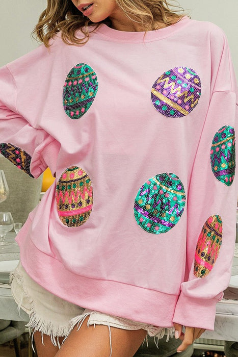 Pink Easter Sequin Egg Print Drop Shoulder Graphic Oversized Sweatshirt